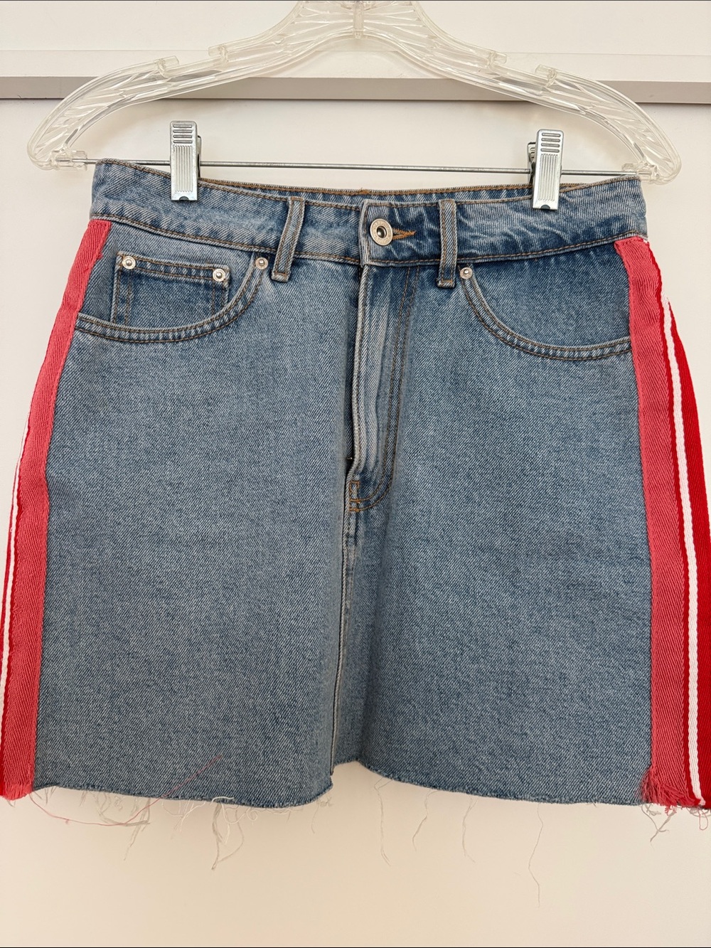 Zara Blue Denim Skirt with Red Side Stripes
